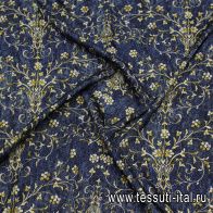Шелк атлас стрейч (н) желто-розовый цветочный рисунок на синем меланже - итальянские ткани Тессутидея арт. 10-3756