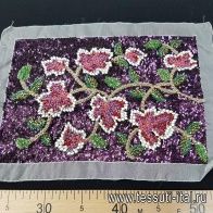 Аппликация растительный орнамент на фиолетовых пайетках на белой органзе 21*30см - итальянские ткани Тессутидея арт. F-5034