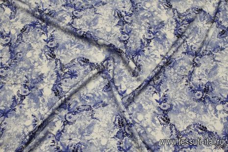 Крепдешин стрейч (н) сине-белый цветочный рисунок - итальянские ткани Тессутидея арт. 10-3754